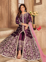 Wine Art Silk Embroidered Anarkali Suit