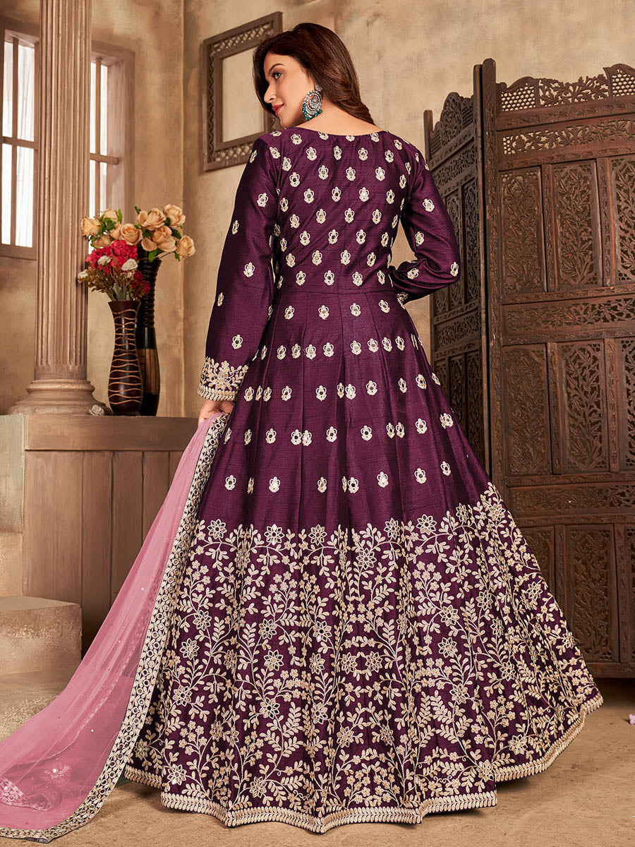 Wine Art Silk Embroidered Anarkali Suit