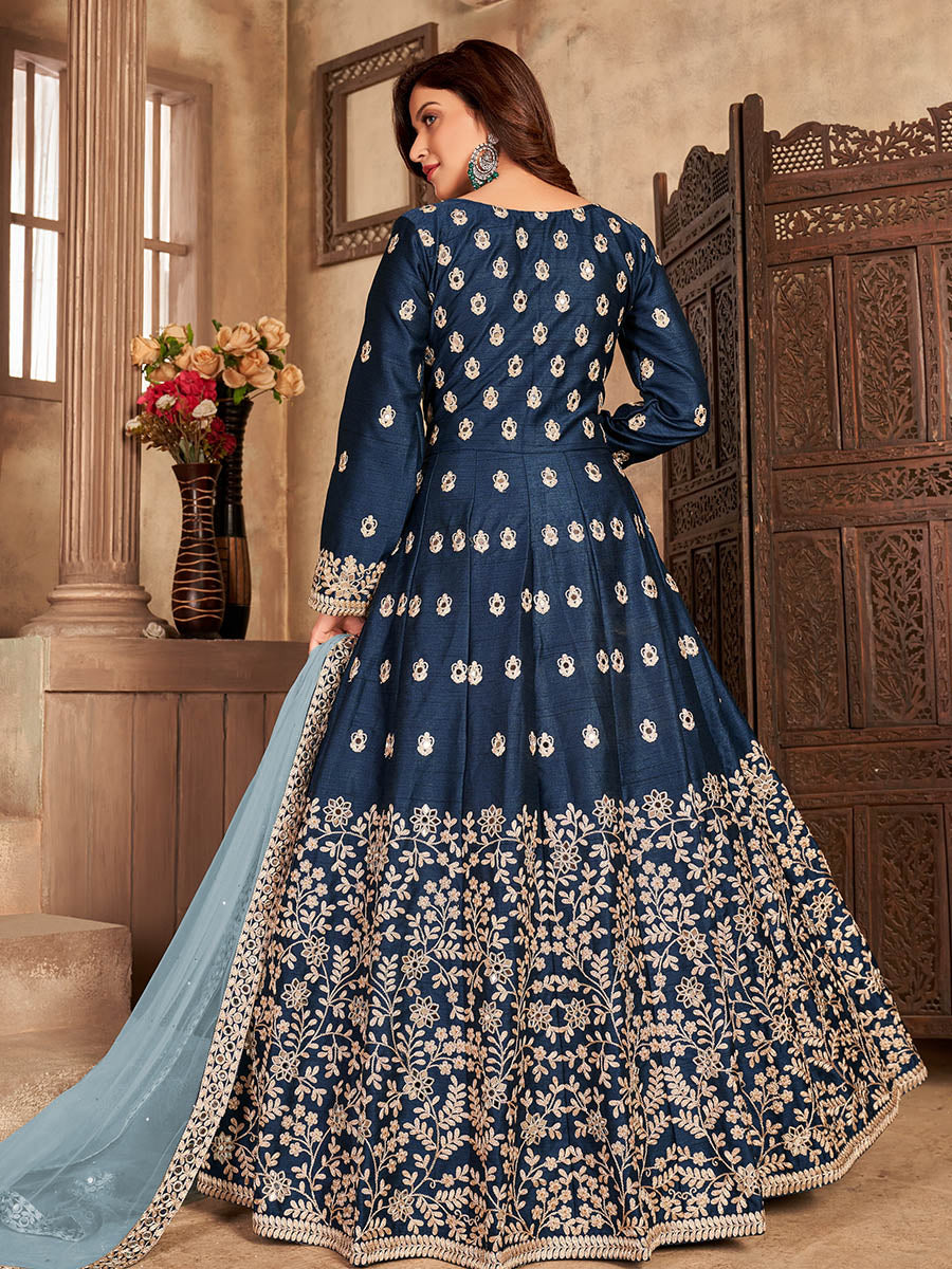 Navy Blue Art Silk Embroidered Anarkali Suit