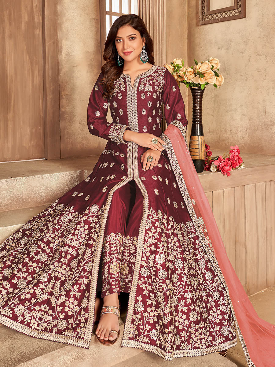 Red Art Silk Embroidered Anarkali Suit