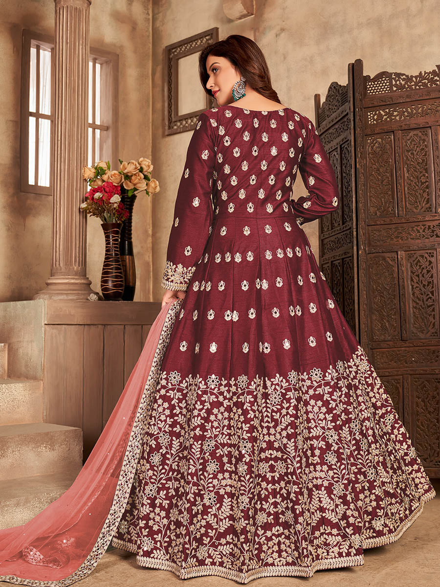 Red Art Silk Embroidered Anarkali Suit