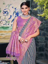 Grey & Purple Chanderi Silk Saree