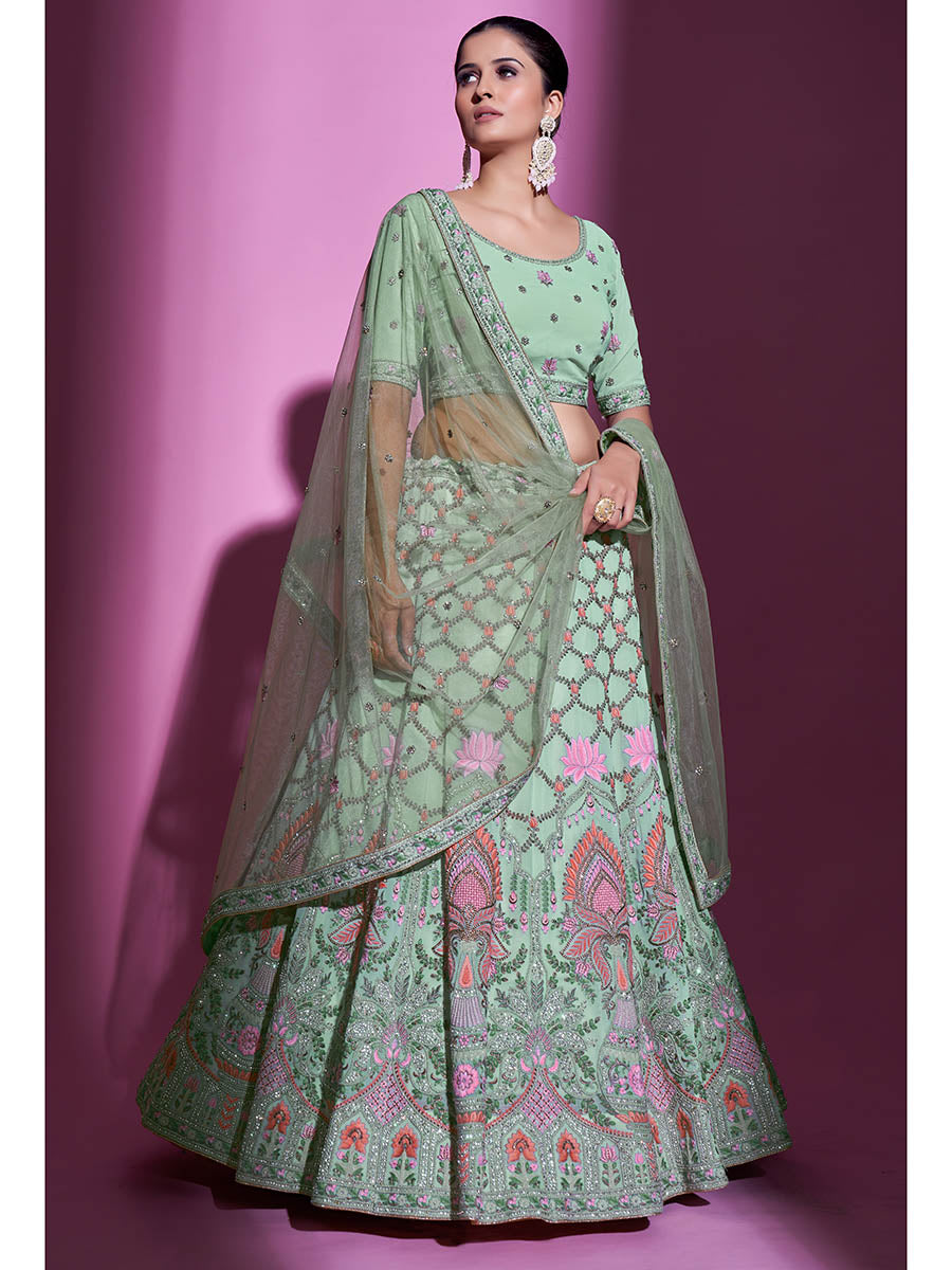 Pista Green Georgette Embroidered Designer Lehenga Choli