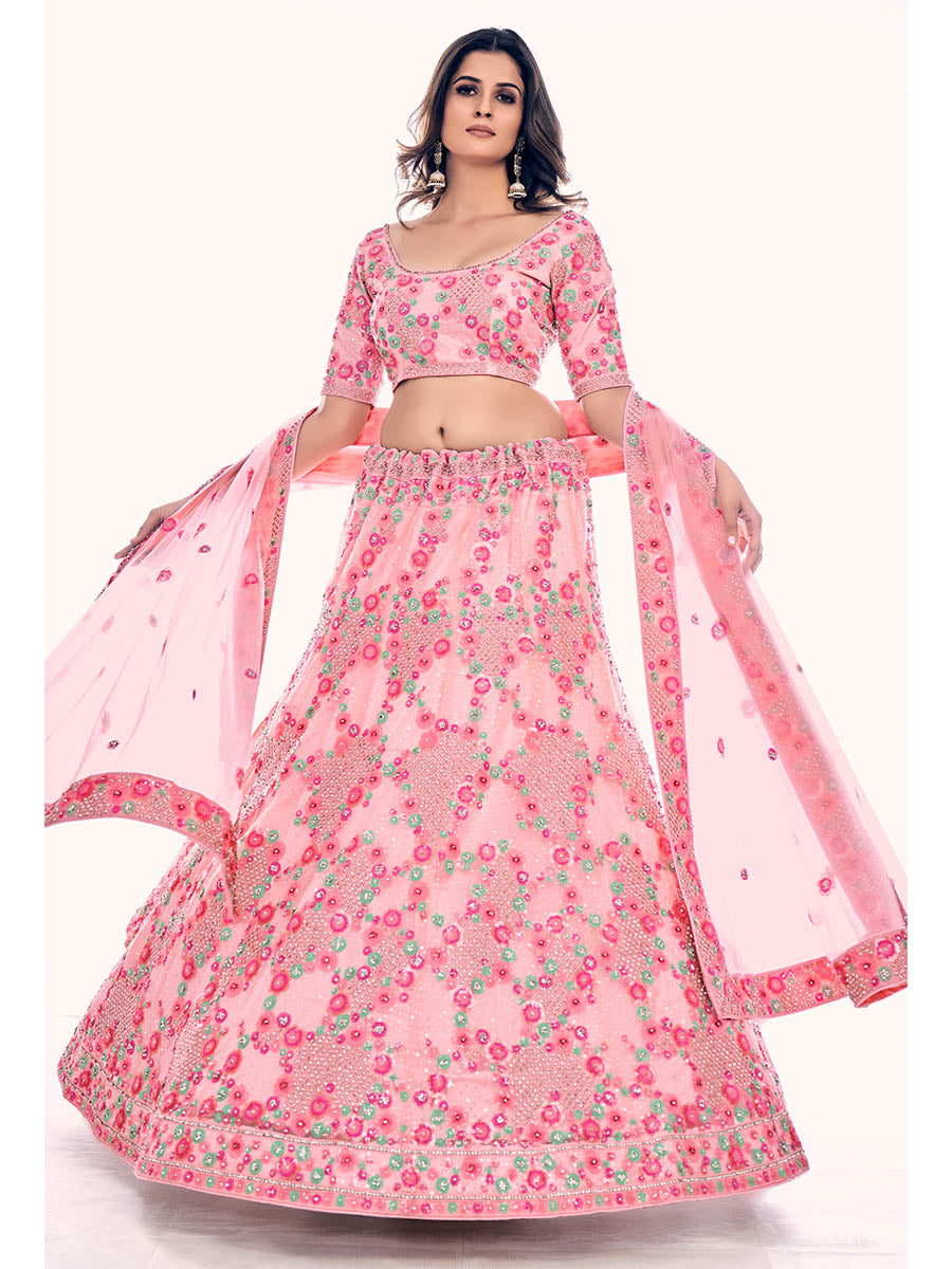 Peach Soft Net Embroidered Designer Lehenga Choli