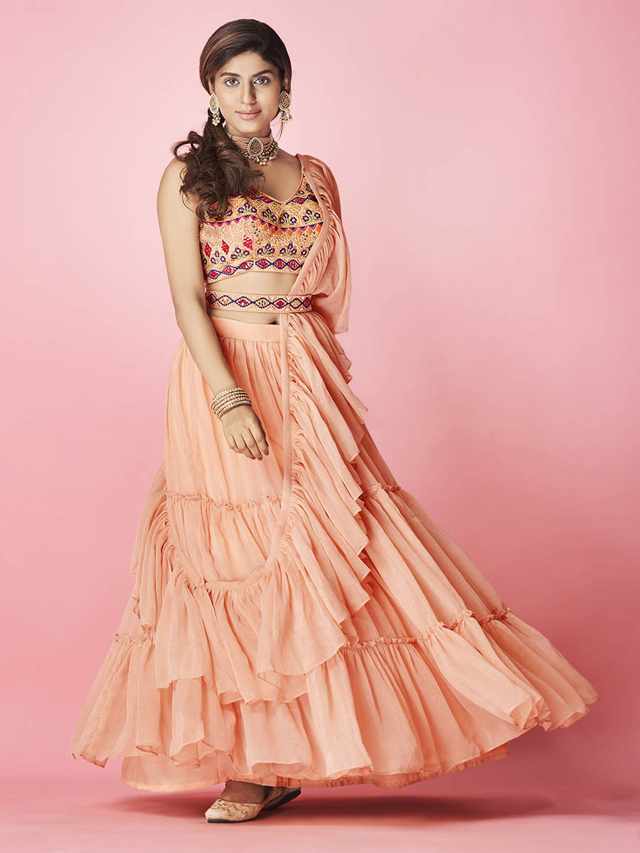 Peach Art Silk Designer Lehenga