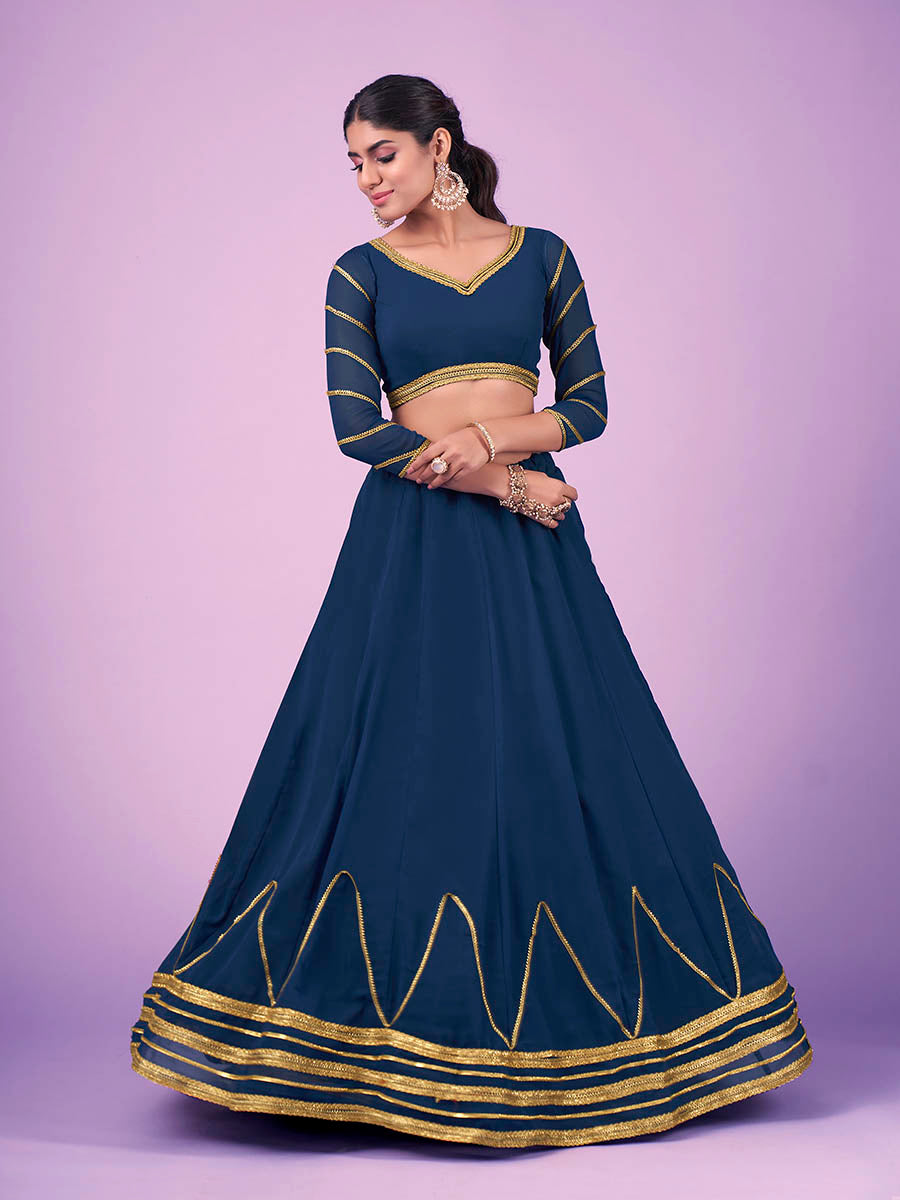 Navy Blue Georgette Embroidered Designer Lehenga