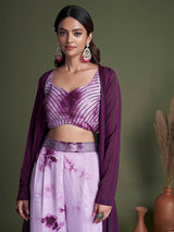 Purple Koti Style Silk and Georgette Embroidered Palazo Suit