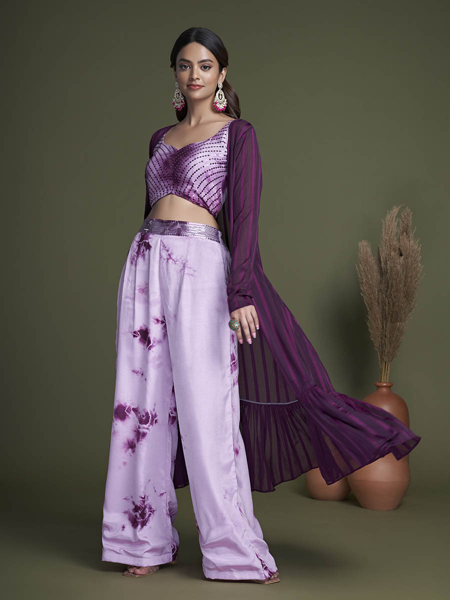 Purple Koti Style Silk and Georgette Embroidered Palazo Suit