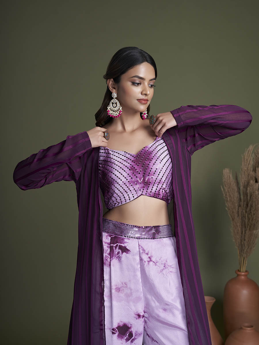 Purple Koti Style Silk and Georgette Embroidered Palazo Suit