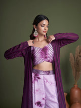 Purple Koti Style Silk and Georgette Embroidered Palazo Suit