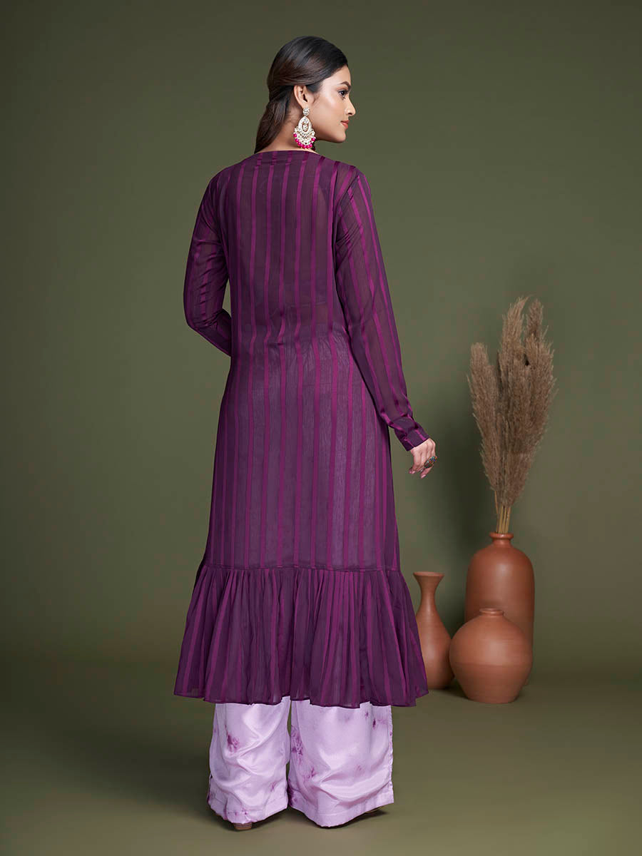 Purple Koti Style Silk and Georgette Embroidered Palazo Suit