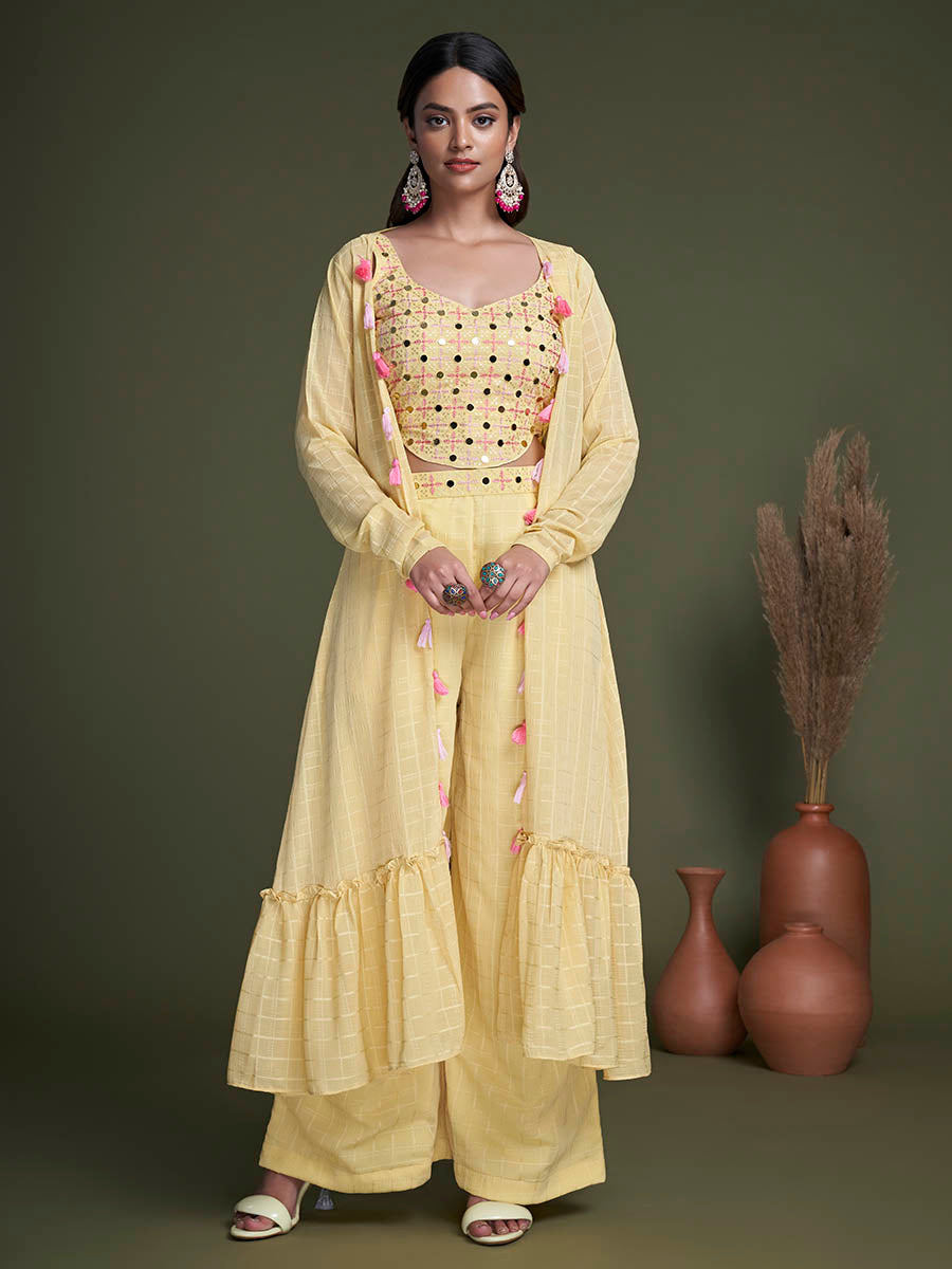 Yellow Koti Style Silk and Georgette Embroidered Palazo Suit