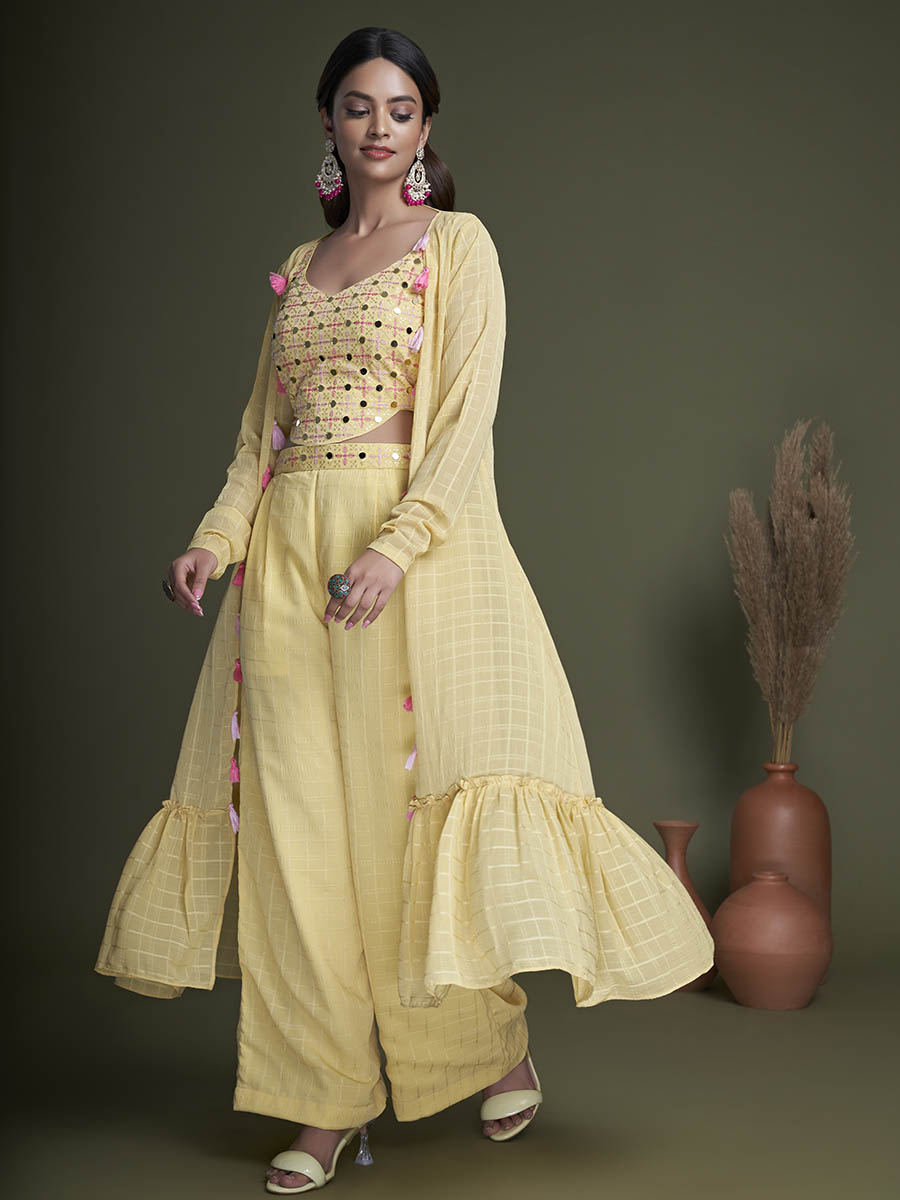 Yellow Koti Style Silk and Georgette Embroidered Palazo Suit