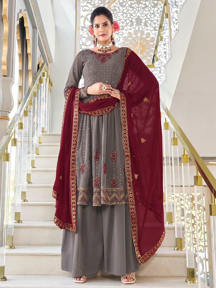 Grey and Wine Real Georgette Gharara Suit