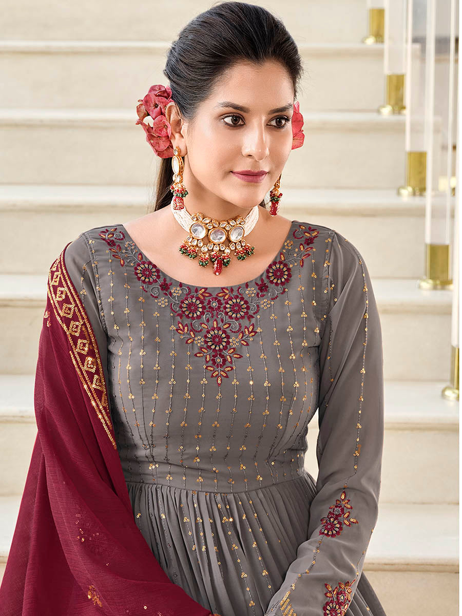 Grey and Wine Real Georgette Gharara Suit