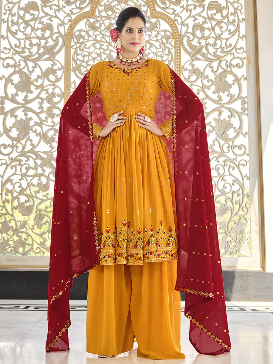 Mustard Yellow and Red Real Georgette Gharara Suit