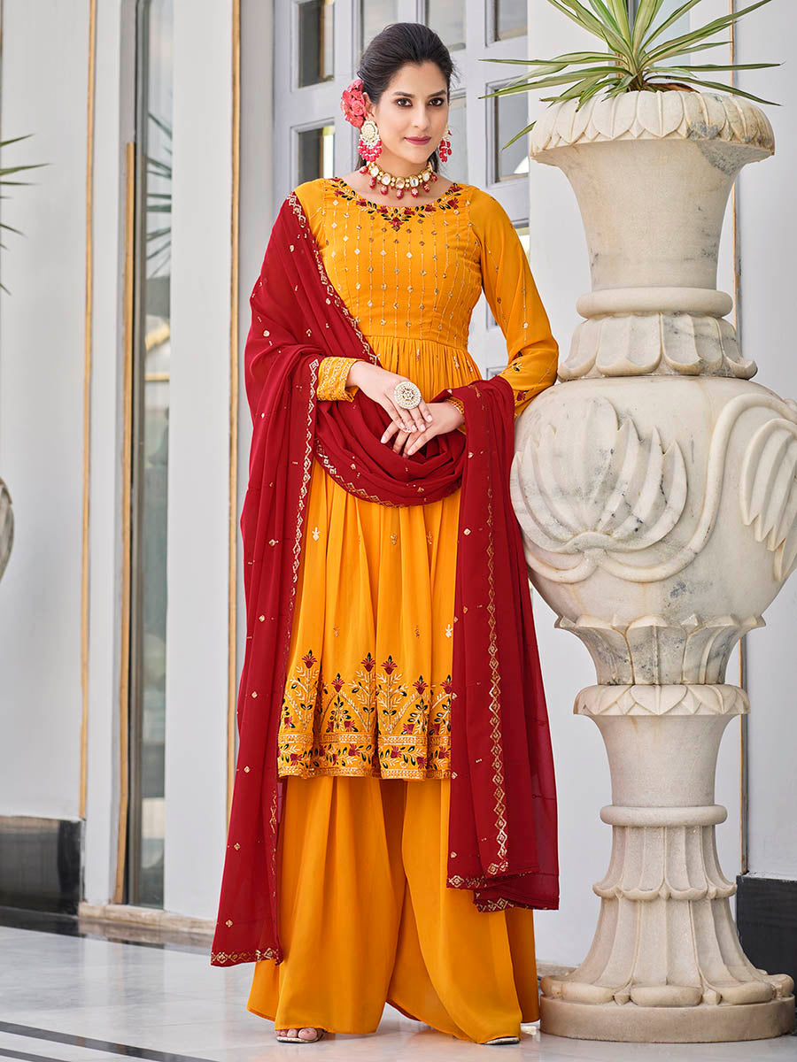 Mustard Yellow and Red Real Georgette Gharara Suit