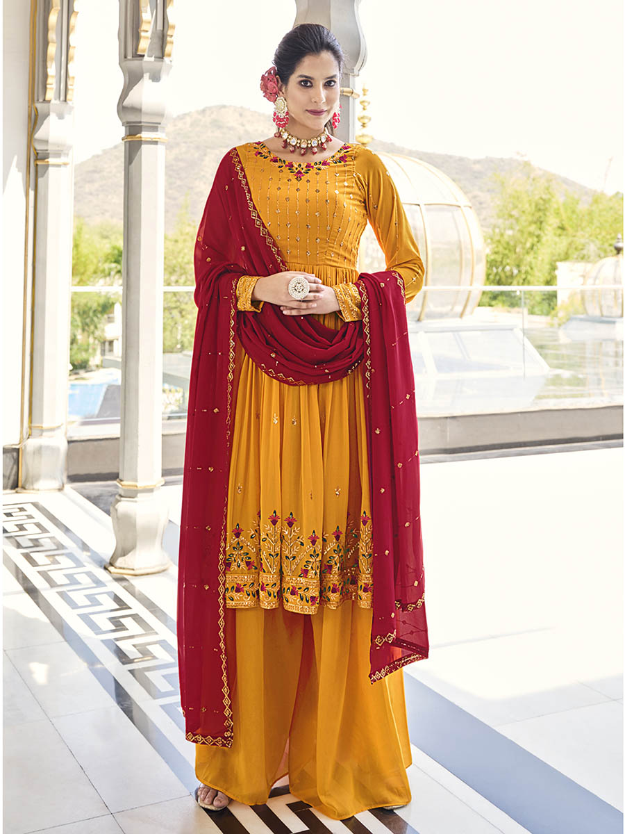 Mustard Yellow and Red Real Georgette Gharara Suit