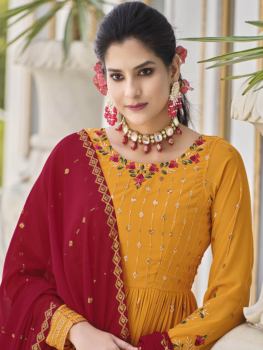 Mustard Yellow and Red Real Georgette Gharara Suit