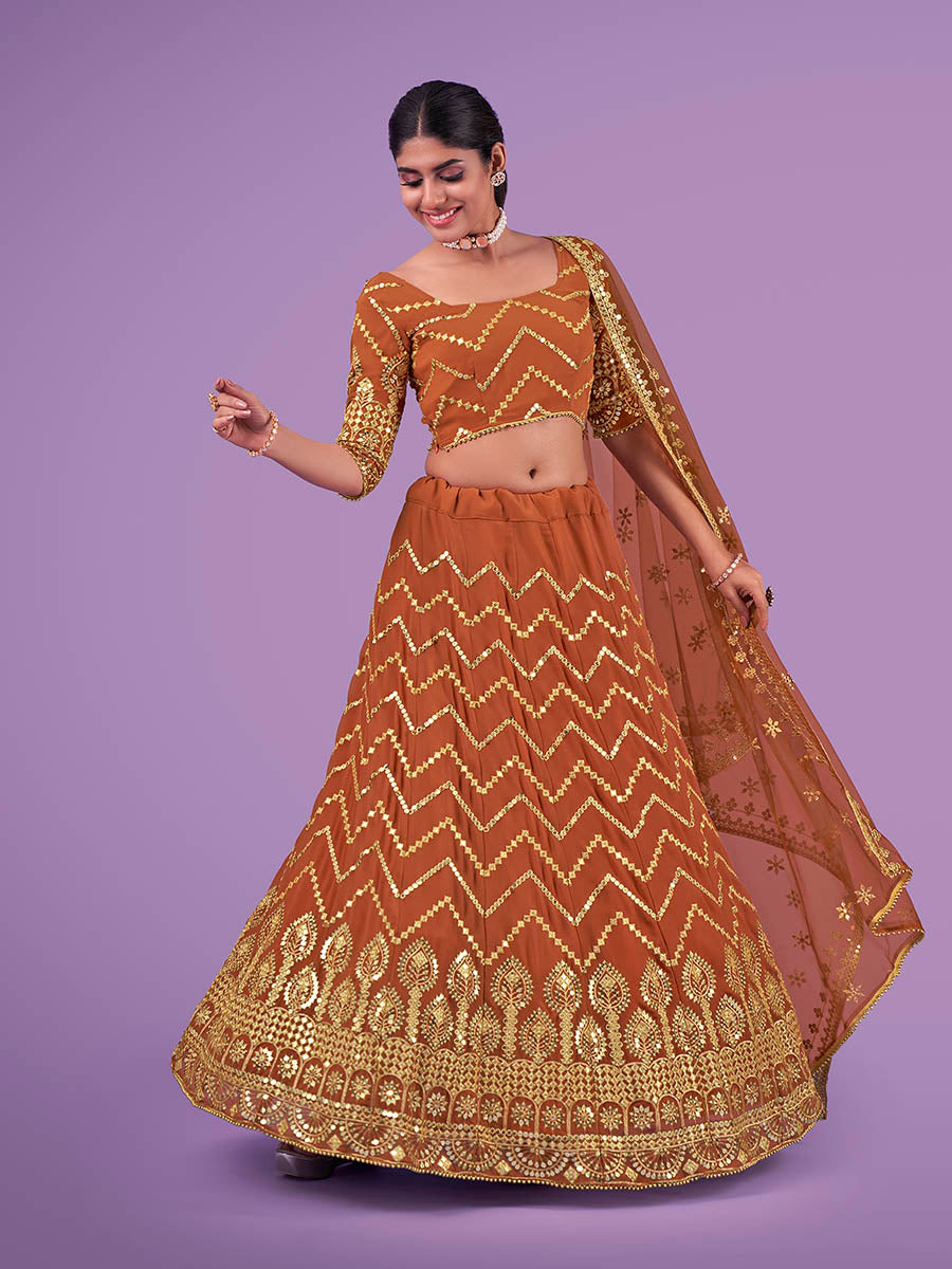 Orange Georgette Embroidered Designer Lehenga