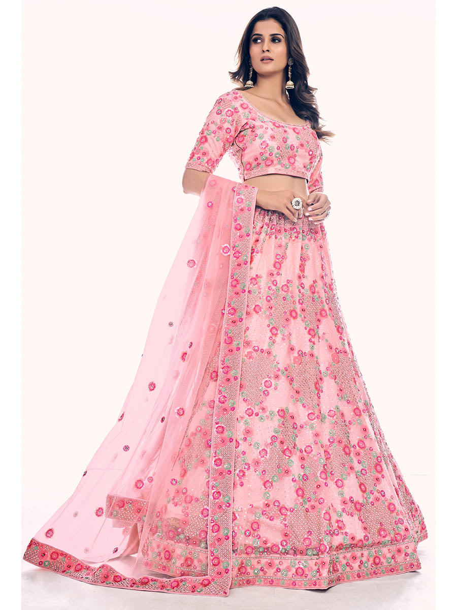 Peach Soft Net Embroidered Designer Lehenga Choli