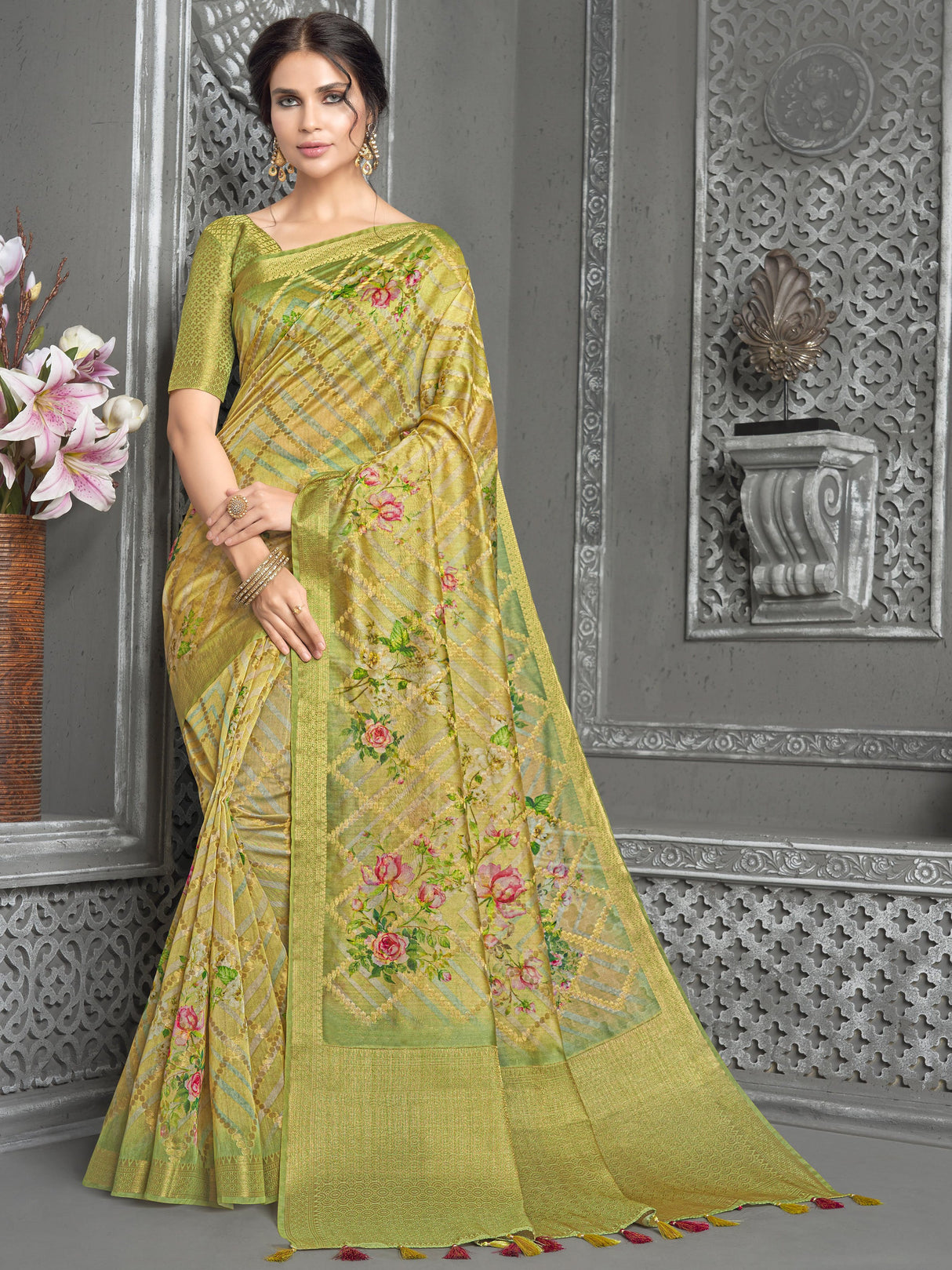 Tan Chanderi Silk Saree