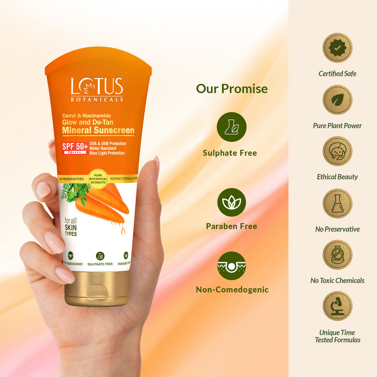 Lotus Botanicals Carrot & Niacinamide Glow and De-Tan Mineral Sunscreen, SPF 50+, PA++++