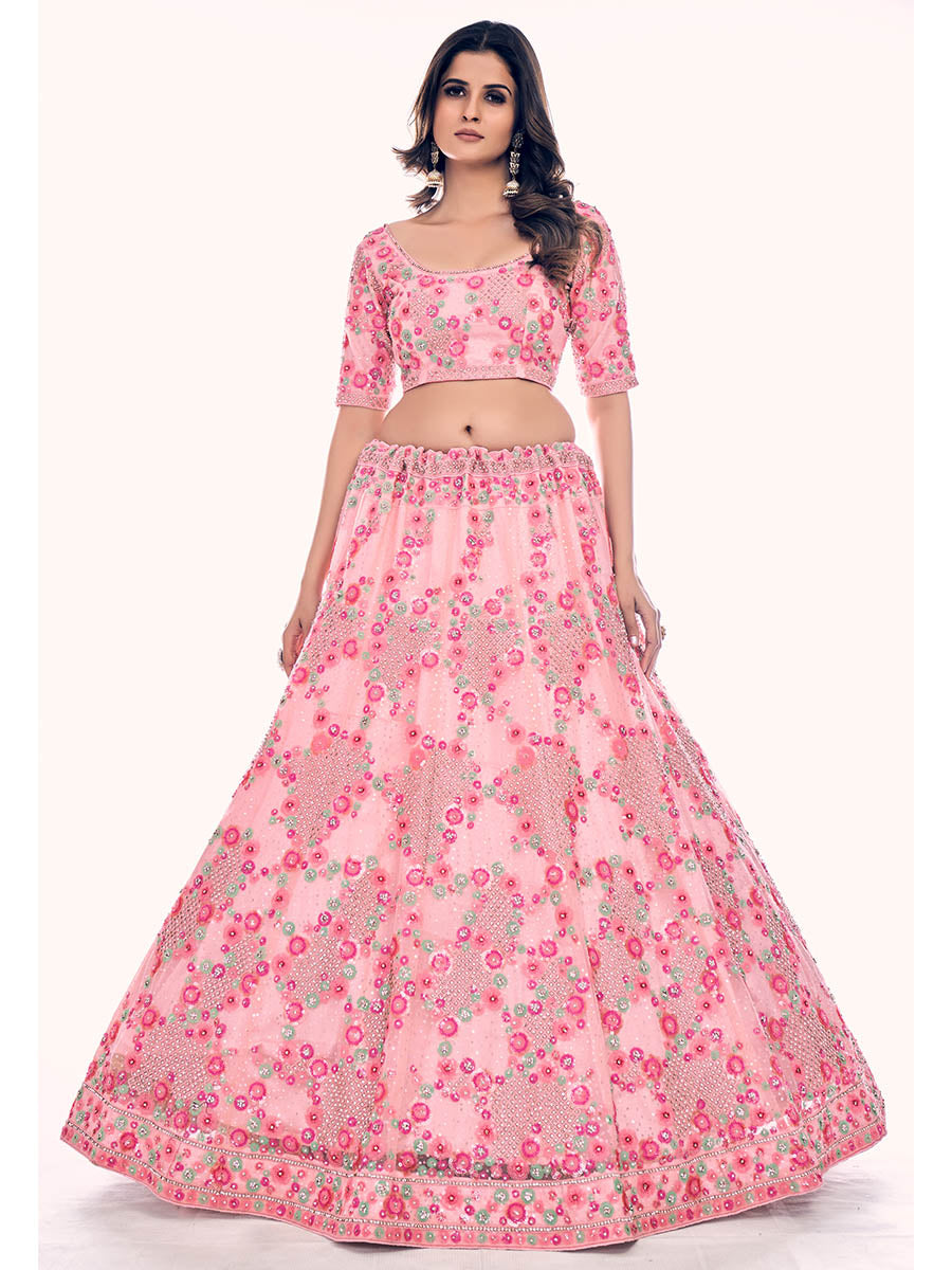 Peach Soft Net Embroidered Designer Lehenga Choli