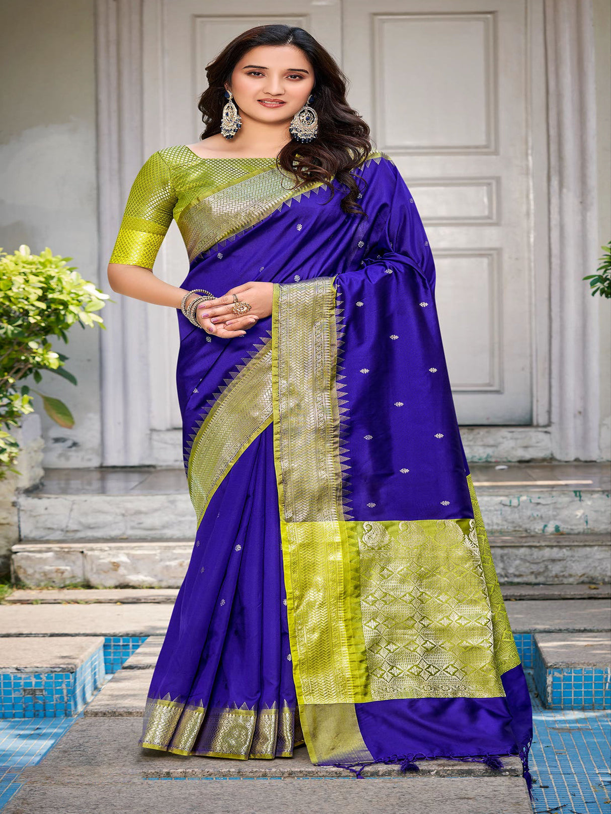 Violet & Mehandi Green Soft Banaras Silk Saree