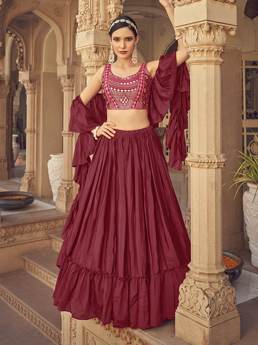 Maroon Chinon & Art SIlk Embroidered Designer Lehenga Choli