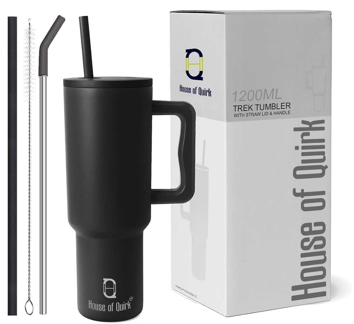 House of Quirk 1200ML Stainless Steel Tumbler Hot and Cold with Handle and Lid 2 Straw, Double Insulated Cup 100% Leak Proof Mug Cupholder for Gym, Travelling (Oatmeal)