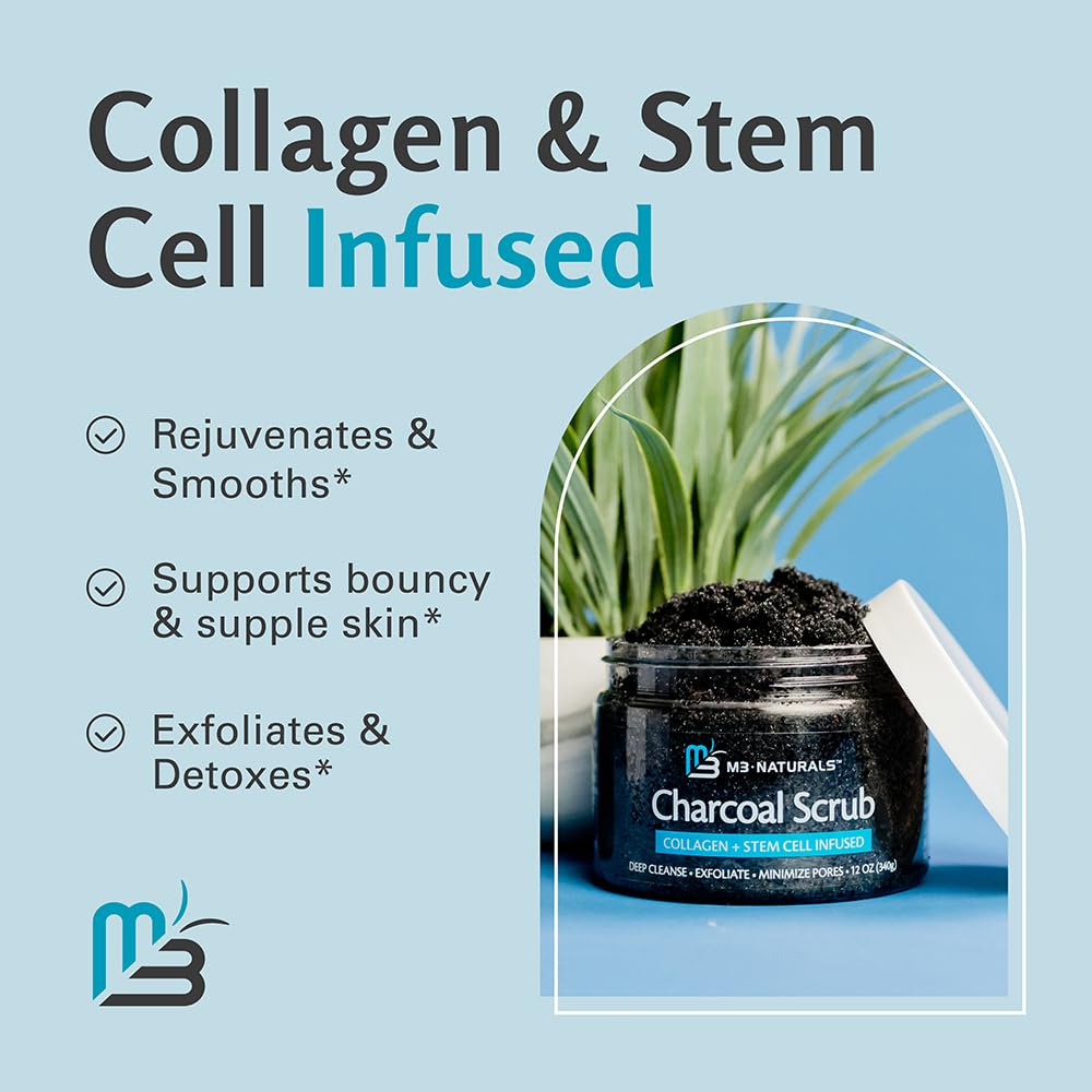 Charcoal Scrub Face Foot & Body Exfoliator Infused with Collagen and Stem Cell Natural Exfoliating Salt Body Scrub for Toning Skin Cellulite Skin Care Body by M3 Naturals - Vamzn#
