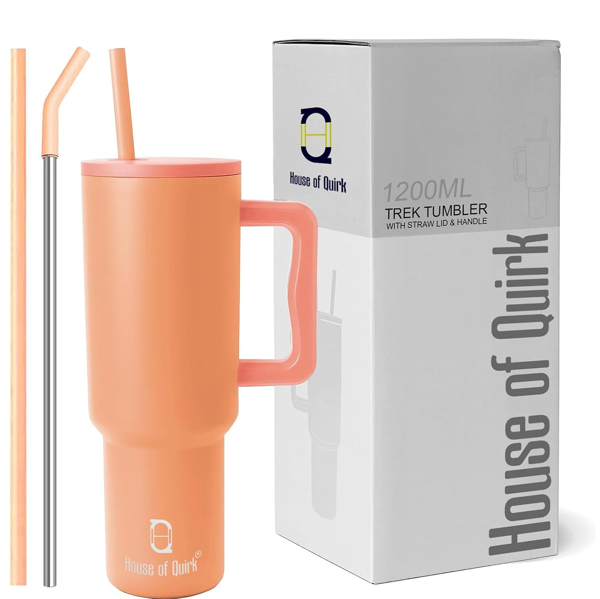 House of Quirk 1200ML Stainless Steel Tumbler Hot and Cold with Handle and Lid 2 Straw, Double Insulated Cup 100% Leak Proof Mug Cupholder for Gym, Travelling (Oatmeal)