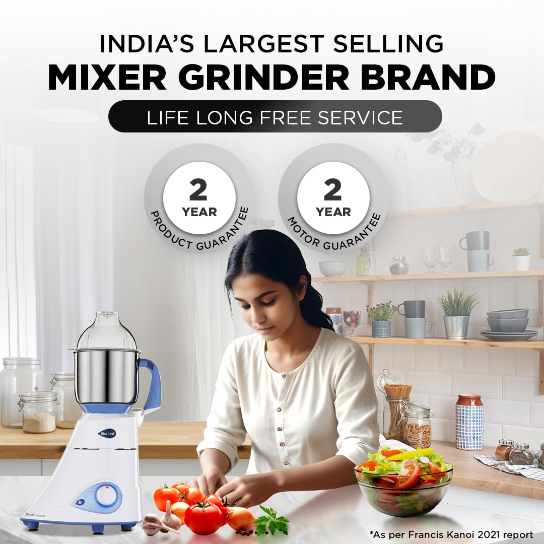 Preethi Blue Leaf Diamond MG-214 750 Watt Mixer Grinder with 3 Jars (Wet Grinding (1.5 litres) + Dry Grinding Jar (0.5 litre) + Chutney Jar (0.4 litre)Stainless steel), Blue/White Standard