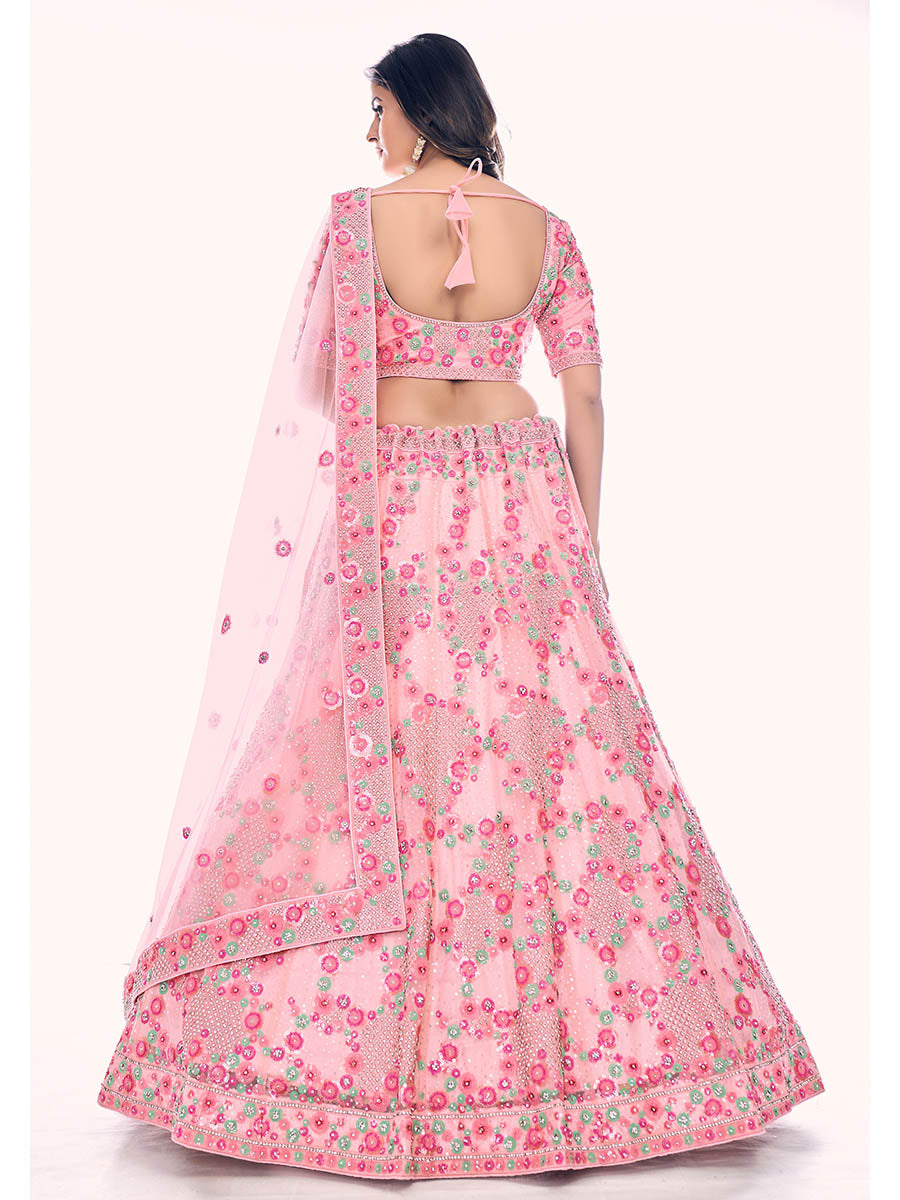 Peach Soft Net Embroidered Designer Lehenga Choli