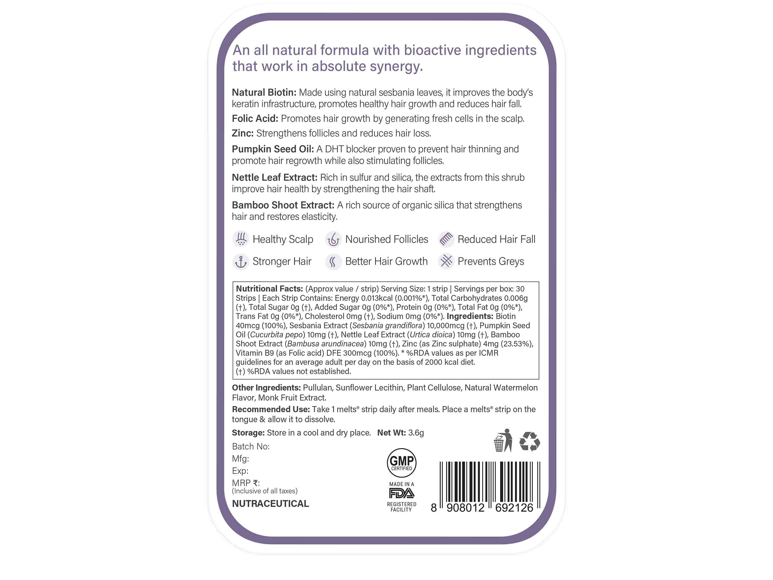 Wellbeing Nutrition Melts Into Healthy Hair Oral Strip - Tropical Watermelon Flavour
