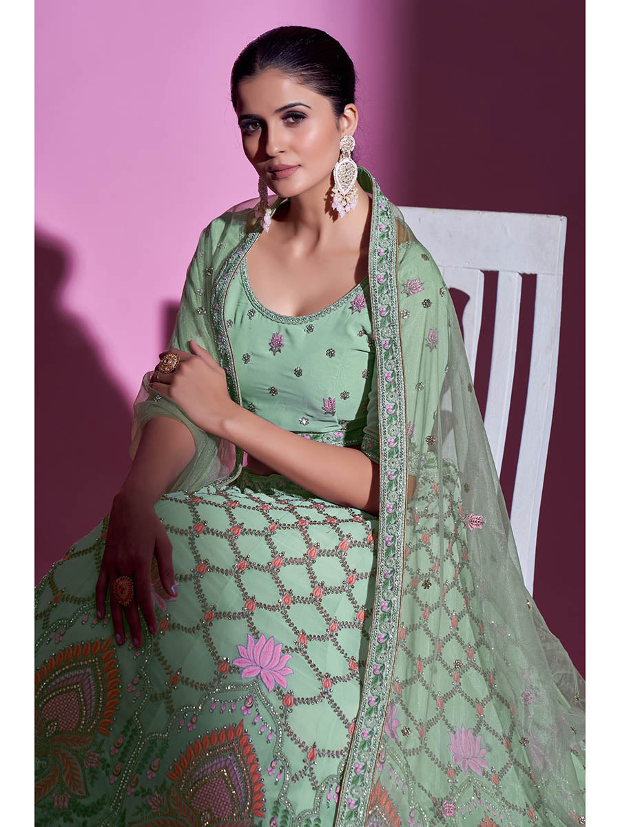 Pista Green Georgette Embroidered Designer Lehenga Choli