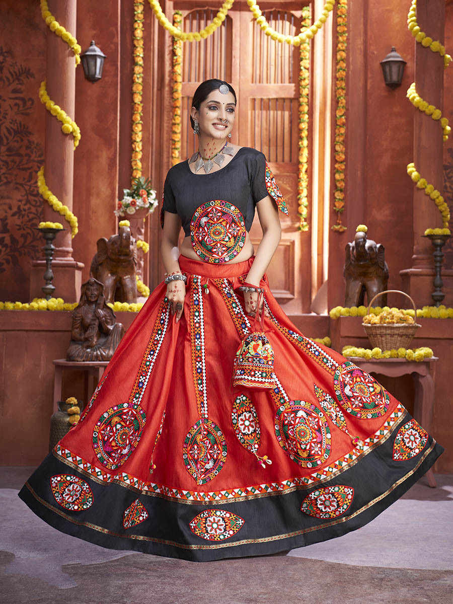 Red Art Silk Gamthi Work Designer Lehenga