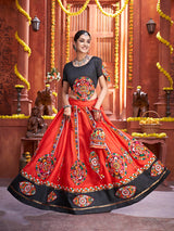 Red Art Silk Gamthi Work Designer Lehenga