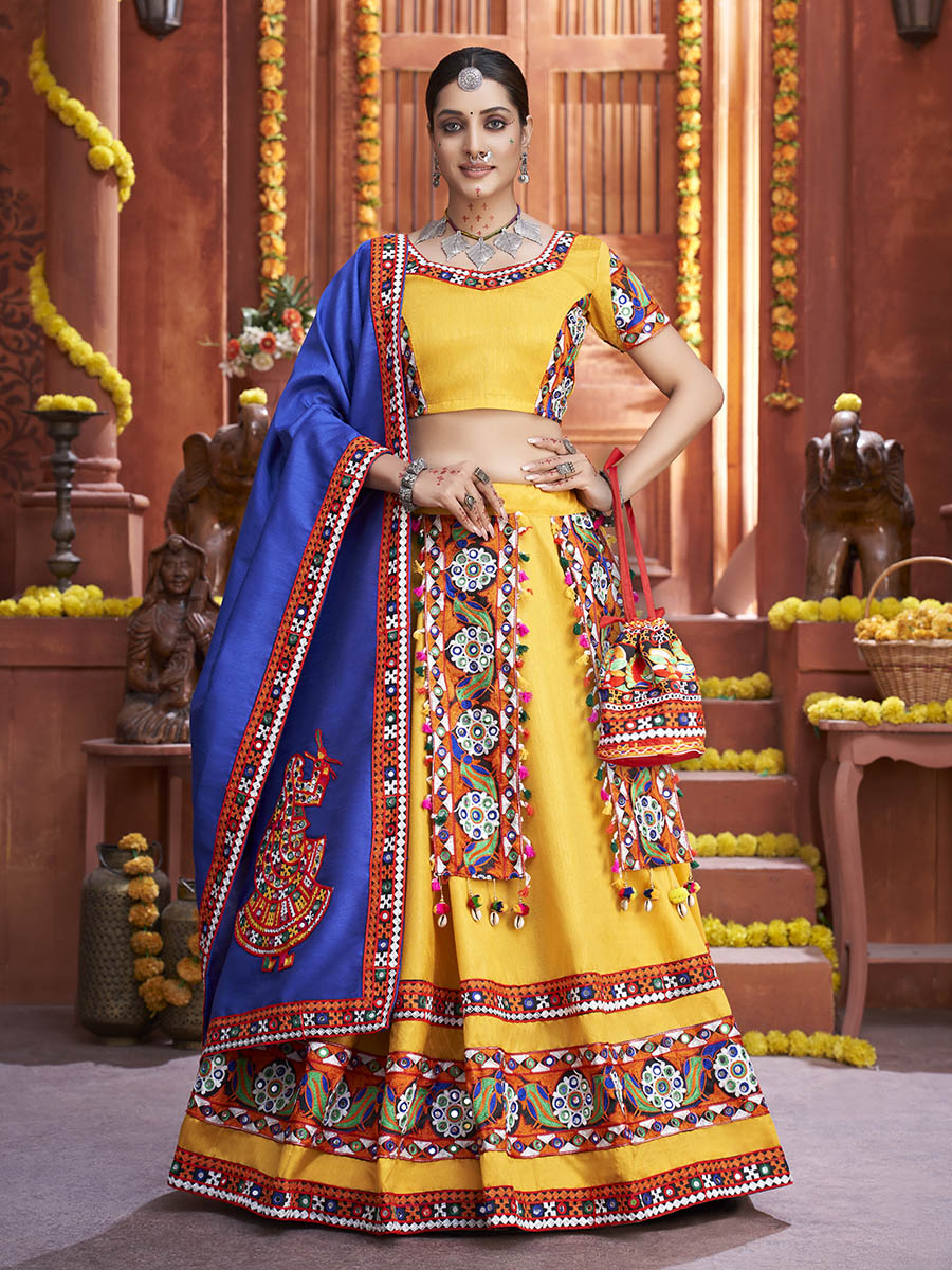 Yellow Art Silk Gamthi Work Designer Lehenga