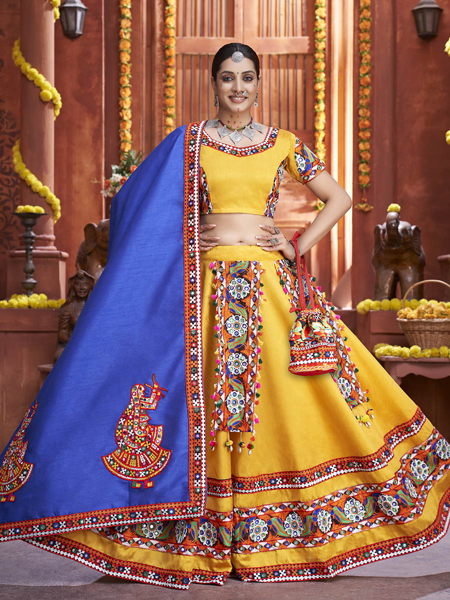 Yellow Art Silk Gamthi Work Designer Lehenga