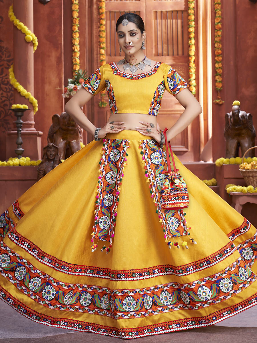 Yellow Art Silk Gamthi Work Designer Lehenga