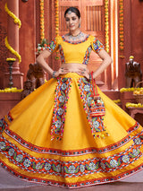 Yellow Art Silk Gamthi Work Designer Lehenga