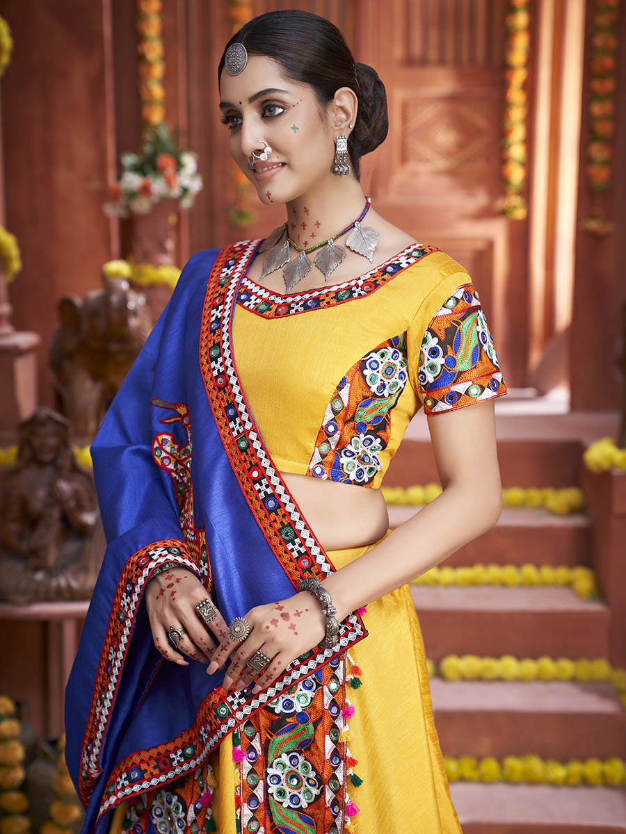 Yellow Art Silk Gamthi Work Designer Lehenga