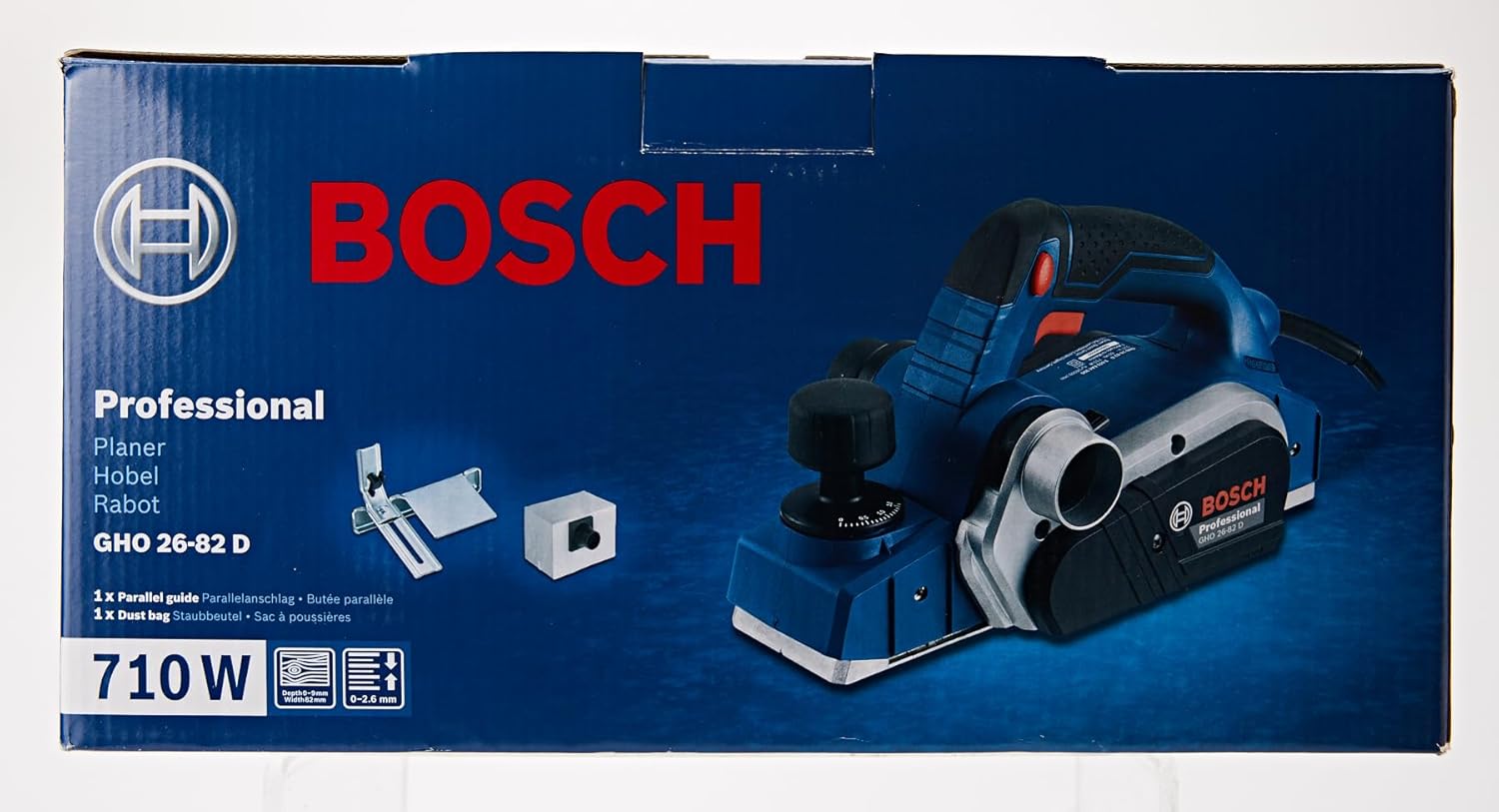 Bosch GHO 26-82 D Corded Electric Planer, 710W, 82 mm Width, 2.6 mm Depth, 18,000 rpm, V-Groove, Cutting Depth Adjustment, 2.8 kg + Hex Key, Dust Bag, 1 Year Warranty