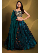 Teal Art Silk Embroidered Designer Lehenga