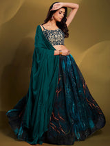 Teal Art Silk Embroidered Designer Lehenga