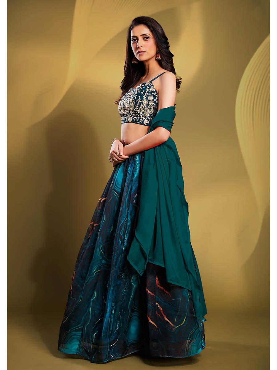 Teal Art Silk Embroidered Designer Lehenga