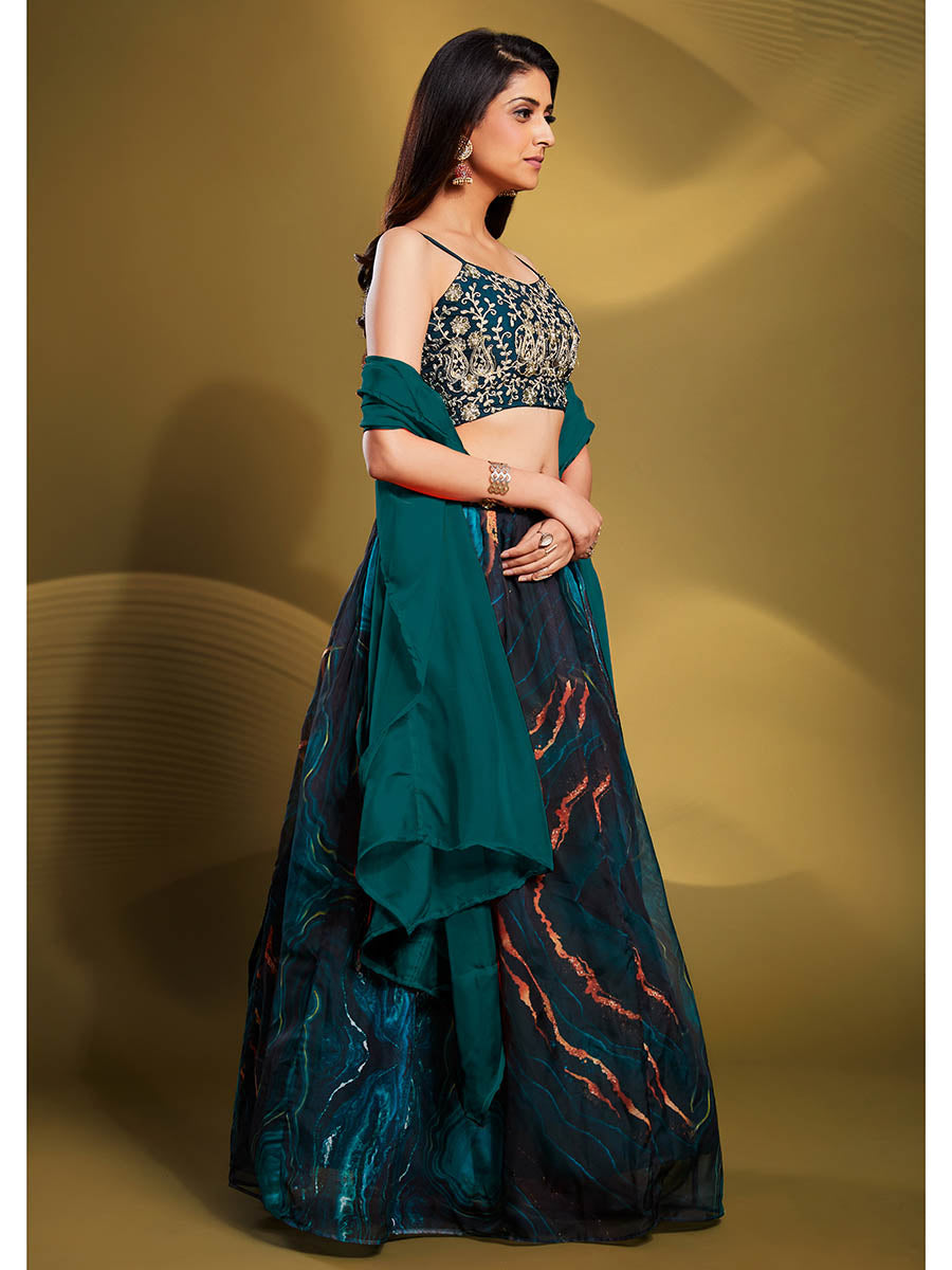 Teal Art Silk Embroidered Designer Lehenga