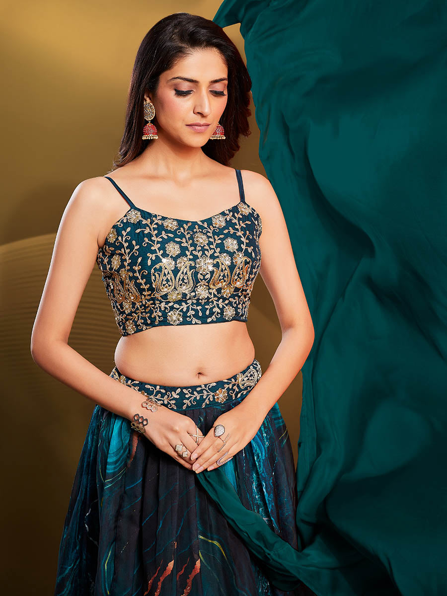 Teal Art Silk Embroidered Designer Lehenga